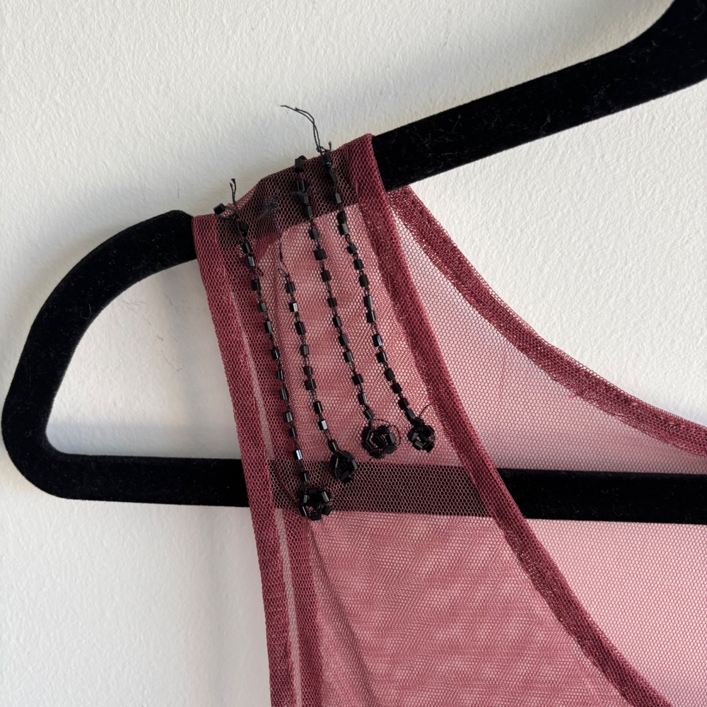 Free People Beaded Mesh Mini Dress Burgundy Wine Black Chevron Sleeveless XS - Picture 2 of 5